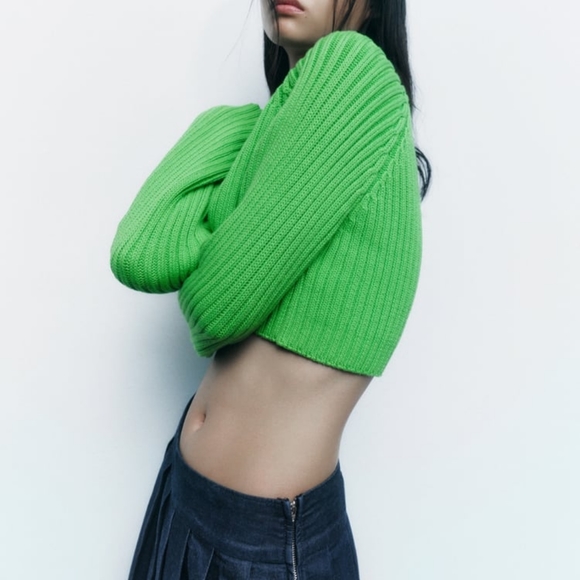 ZARA CROP KNIT SWEATER APPLE GREEN - Picture 5 of 9